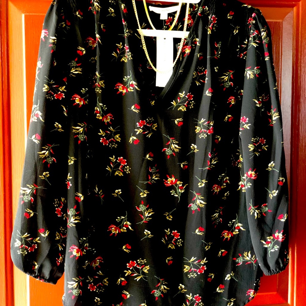 Floral Print Black Blouse